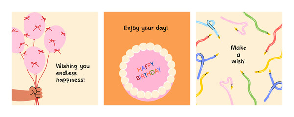 Set of colorful Birthday greeting cards with balloons, cake, and candles, cartoon illustration. Ideal for party invitations, social media, and celebration themes.