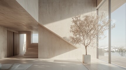 Obraz premium Modern minimalist home interior, tree, stairs, city view, design inspiration