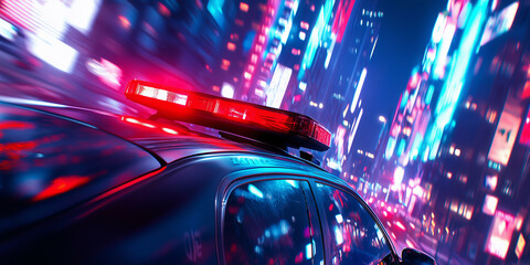 Blue and red light flasher atop of a police car. City lights on the background.