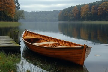 Fototapeta premium Serene Scene: Classic Wooden Rowboat Tied to Small Dock Reflects Tranquility of Waterfront Life in Nature's Embrace