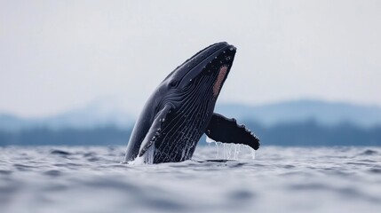 Fototapeta premium Humpback whale breaching ocean, coastal background, wildlife