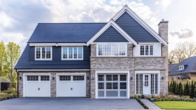 An exterior shot of a sophisticated two-story home in Chesham with a slate gray roof and a large garage