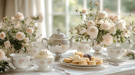Enjoying tea and scones with roses in a cozy setting on a sunny afternoon