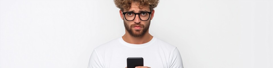 A man with glasses is looking at his cell phone. He is focused on the screen, possibly checking his messages or browsing the internet. Concept of modern technology