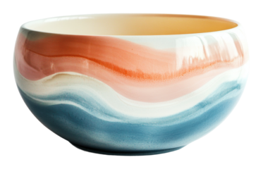 Colorful ceramic bowl with wave patterns isolated on transparent background