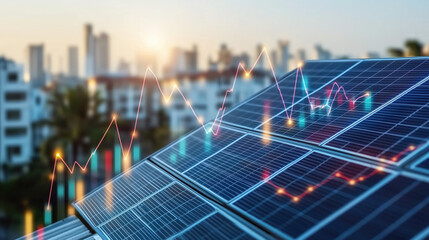 Close-Up of Solar Panels Installed on a Rooftop with a Blurred Background of Energy Market Graphs Depicting the Rising Adoption and Price Fluctuations of Solar Power Worldwide