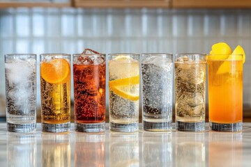 Colorful assortment of beverages displayed on a wooden bar counter during an evening gathering