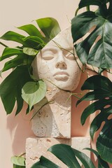 A broken marble sculpture depicting the head and shoulders of an attractive woman, with green leaves growing around her, set against a pastel pink background, in a minimalist style.