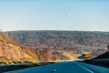 Wind turbines renewable energy windmills at Appalachian mountains ridge, West Virginia Canaan valley on Sugarlands scenic highway road © Kristina Blokhin