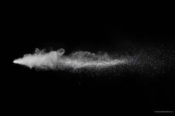 Fine mist spray dispersing into the air against a black background, symbolizing freshness, elegance, and motion. Copy space