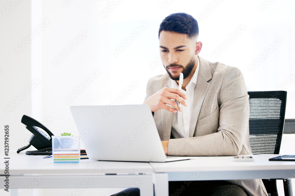 Aufkleber thinking, laptop and business man in office for research project, online website and internet. profe