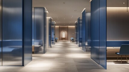 Naklejka premium Modern Office Corridor with Blue Glass Partitions
