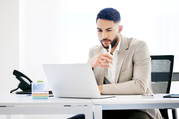 Thinking, laptop and business man in office for research project, online website and internet....
