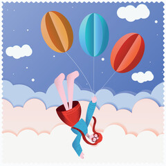 The girl flies on balloons. Banner for children's events. Vector image