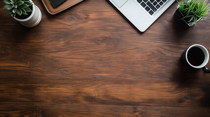 laptop on wooden table top down