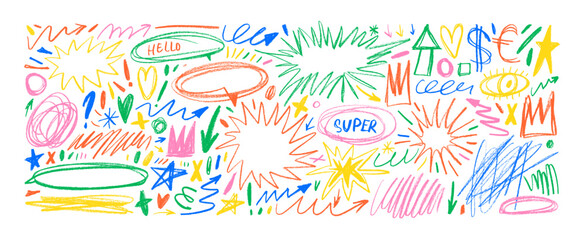 Colorful crayon drawn doodle shapes, scribbles and speech bubbles. Funky star shapes, stars, doodle ovals and childish figures. Various emphasis elements for hand drawn notes and fun design.