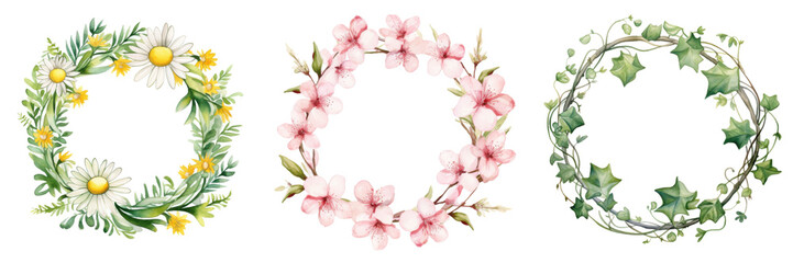Obraz premium Floral wreaths of daisies, cherry blossoms, and ivy vines in varied arrangements isolated png