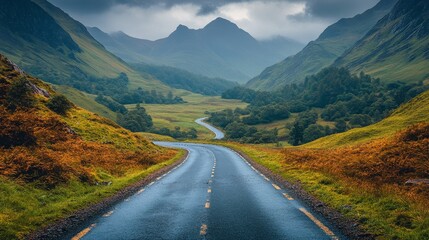 Fototapeta premium Winding road through lush green valleys and mountains under a moody sky