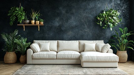 Modern Living Room Interior Design with Sectional Sofa and Lush Greenery