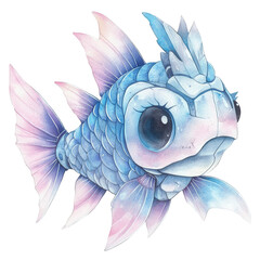 Obraz premium Fantasy watercolor fish with blue and pink scales and large eyes on transparent background isolated png
