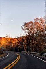 Fototapeta premium West Virginia rural countryside road highway in autumn fall at Canaan valley forest woods disappearing winding on rolling hills landscape