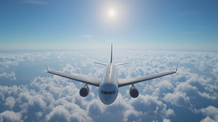 Fototapeta premium Commercial Airplane Cruising at High Altitude Against a Clear Blue Sky with Distant Clouds Creating a Serene Aerial View
