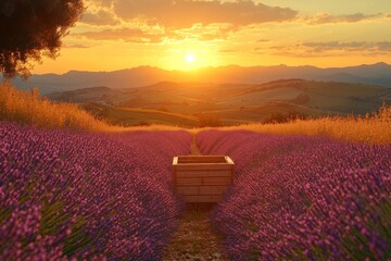 Serene Lavender Field Bathed in Golden Hour Light, Nature's Beauty Captured in Blooming Purple Landscape