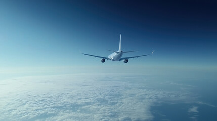 Obraz premium Commercial Airplane Cruising at High Altitude Against a Clear Blue Sky with Distant Clouds Creating a Serene Aerial View