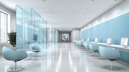 Modern Office Corridor with Blue Accents and Glass Walls