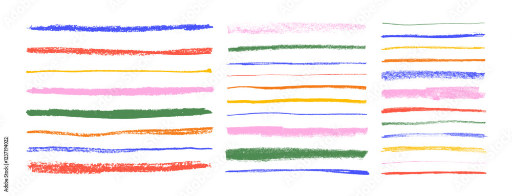 Poster multi colored crayon drawn underlines and straight strokes. hand drawn doodle vector elements. child