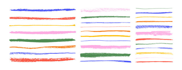 Multi colored crayon drawn underlines and straight strokes. Hand drawn doodle vector elements. Childish scribble pencil strokes. Pencil colored strips and rough highlighters isolated on white. © Anastasiia Hevko