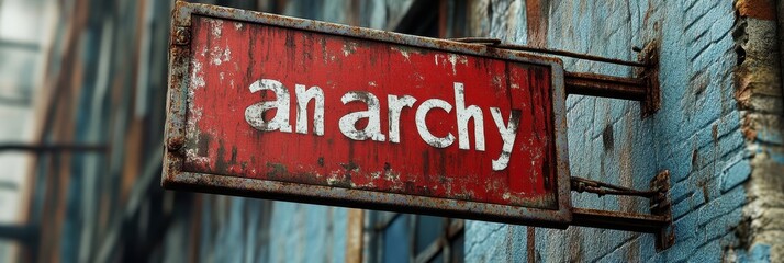 Obraz premium Worn Red Anarchy Sign Mounted on Aged Urban Building Facade in A City Street, Illustrating Urban Culture and Rebellion Themes