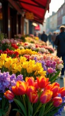A lively spring flower market featuring vibrant bouquets of tulips, daffodils, and hyacinths in wicker baskets. Sunlight highlights the freshness of seasonal blooms.
