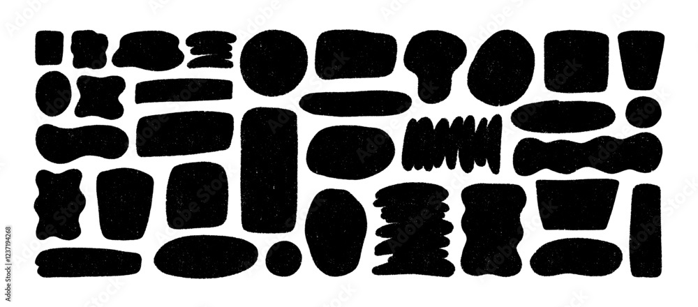 Poster black organic shapes with grain texture. set of hand drawn irregular round and wavy blot forms.