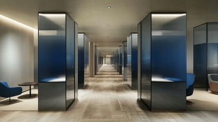 Modern Office Corridor with Glass Partitions and Blue Accents
