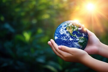 Hands holding a small glowing Earth against a green nature background. Symbolizing environmental protection, sustainability, and global responsibility.


