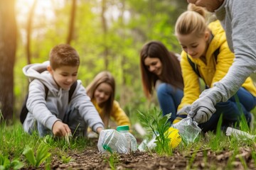 Fototapeta premium Children and adults cleaning up plastic waste in a forest. Environmental volunteers promoting sustainability, recycling, and nature conservation.
