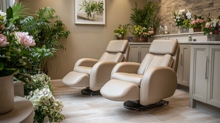 Fototapeta premium Serene spa interior featuring relaxing seating and lush greenery in a tranquil environment