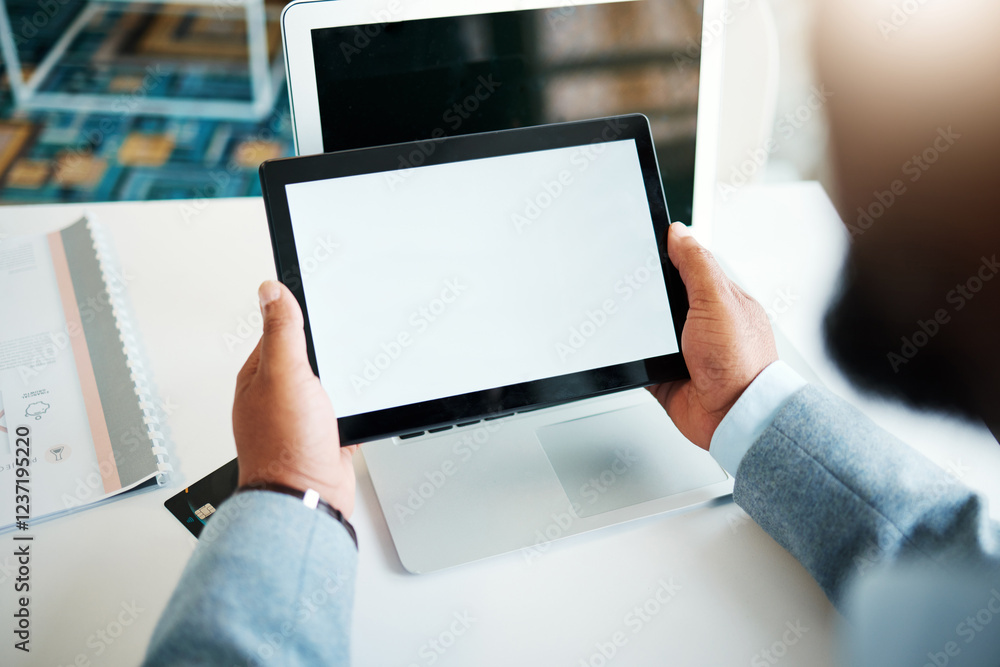 Poster business person, hands and browsing with tablet screen for research, app or ux at office. closeup, e