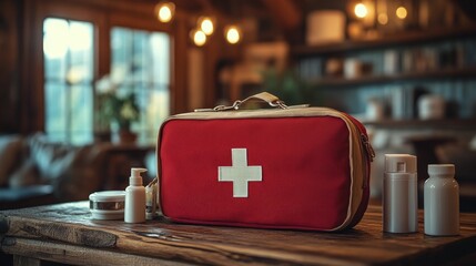First aid kit on a wooden table in a cozy room with warm lighting and neatly arranged supplies