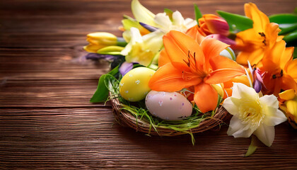 Vibrant Easter eggs nestled in a rustic bird's nest, surrounded by a breathtaking arrangement of lilies, tulips, and daffodils. Perfect for spring greetings, Easter cards, and holiday-themed designs.