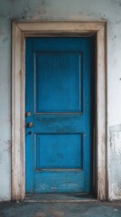 Blue door with peeling paint in an empty room showcasing vintage architectural details