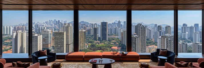 Spectacular cityscape view from an elegant high-rise apartment showcasing modern skyscrapers and vibrant urban architecture in a bustling metropolitan area