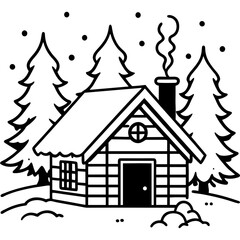 Fototapeta premium Coloring. Winter cabin among snow-covered pine trees
