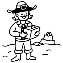 Coloring. Pilgrim holding a box on sandy ground