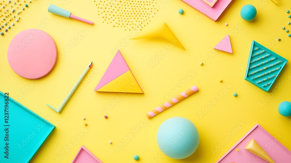 Poster colorful geometric shapes and objects arranged on yellow background