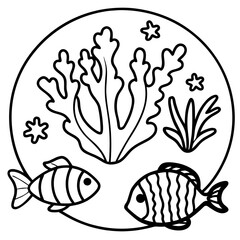 Naklejka premium Coloring. Illustration of fish swimming around coral reef