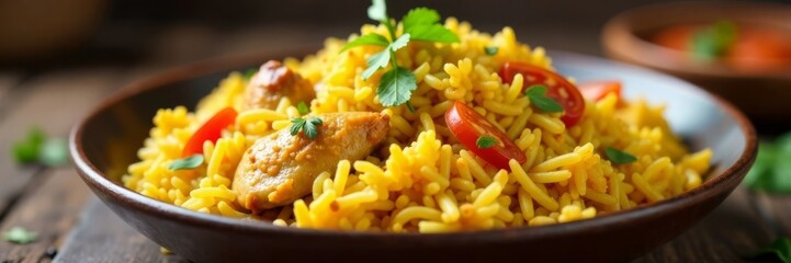 Fragrant basmati rice and chicken in a colorful pilau dish, indian cooking, spices, aromatics
