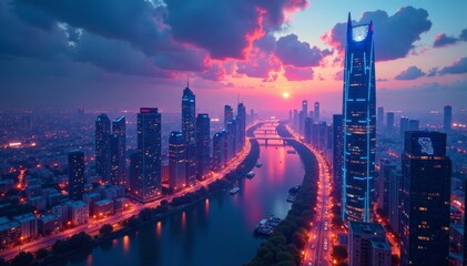 Fototapeta premium Futuristic cityscape with skyscrapers and LED lights , big data, digital, cloud