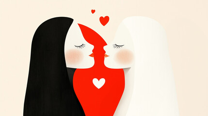 Abstract romantic artwork of two figures embracing with hearts and leaves. Galentines day card. International Thank You Day.